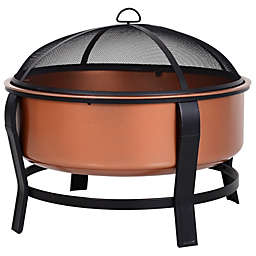 Outsunny Copper-Colored Round Basin Wood Fire Pit Bowl with Ornate Black Base, Log grate, Wood Poker, & Mesh Screen for Embers