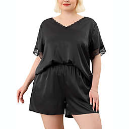 Agnes Orinda Women's Plus Loungewear Lace Panel Elastic Casual Pajamas Set Black 1X