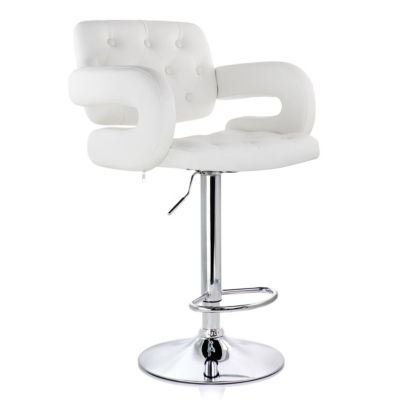 Elama Faux Leather Tufted Bar Stool in White with Chrome Base and Adjustable Height