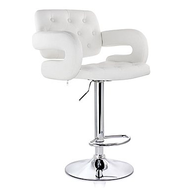 Elama Faux Leather Tufted Bar Stool in White with Chrome Base and Adjustable Height. View a larger version of this product image.