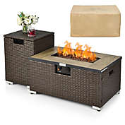 Costway 32 Inch x 20 Inch Propane Rattan Fire Pit Table Set with Side Table Tank and Cover-Coffee