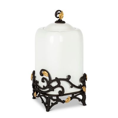 Gerson 14.25" White and Black Round Canister with Gold Leaf Metal Base