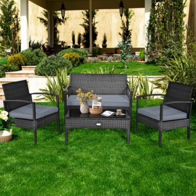 Gymax Patio Garden 4PC Rattan Wicker Furniture Set Black