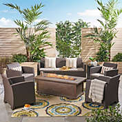 Contemporary Home Living 7pc Brown and Beige 7 Seater Outdoor Patio Chat Set with Fire Pit 67.5"