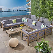 GDFStudio Cytheria Outdoor Acacia Wood 10 Seater U-Shaped Sectional Sofa Set with Two Coffee Tables