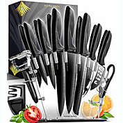 New Home Hero 17 pcs Kitchen Knife Set - 7 Stainless Steel Knives, 6 Serrated Steak Knives, Scissors, Peeler & Knife Sharpener with Acrylic Stand (Black, Stainless Steel)