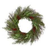 Nearly Natural Green and Red Artificial Cedar and Ruscus with Berries Christmas Wreath, 20-Inch