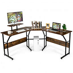 Costway 88.5 Inch L Shaped Reversible Computer Desk Table with Monitor Stand-Rustic Brown