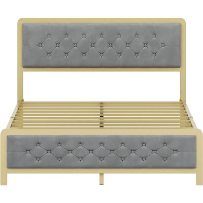 Idealhouse Grey Metal Frame Platform Bed with Button Tufted Headboard