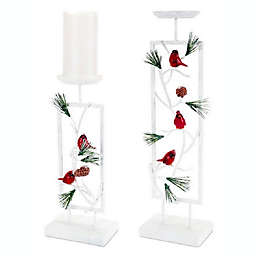Melrose Set of 2 Woodland Inspired Snowy Cardinal Christmas Pillar Candle Holders 19.5