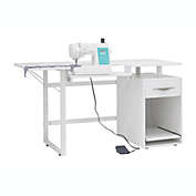 Sew Ready Sew Ready Pro Line Sewing Machine Table, Office Desk with Fold-Down Top, Height Adjustable Platform, Drawer and Storage Cabinet with Slide-Out Shelf - White