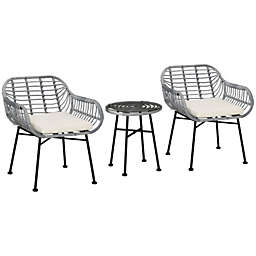 Outsunny 3 Pieces Patio PE Rattan Bistro Set, Outdoor Round Wicker Woven Coffee Set, 2 Chairs & 1 Coffee Table Conversation Furniture Set, for Garden, Backyard, Deck, Cream White