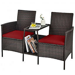 Costway Patio Rattan Wicker Conversation Set Sofa Cushioned Loveseat Glass Table-Red