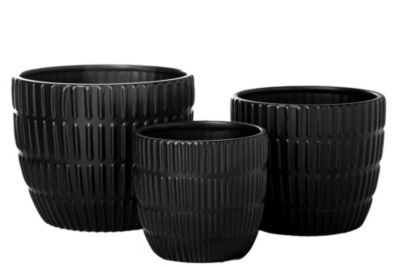 Urban Trends Collection Ceramic Round Pot with Embossed Vertical Broken Line Pattern Design Body and Tapered Bottom Set of Three Matte Finish Black