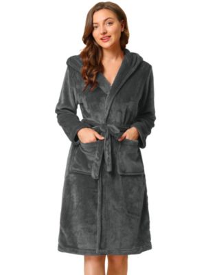 Allegra K Women&#39;s Hooded Long Robe Pajamas Flannel Midi Warm Bathrobe Dark Gray S