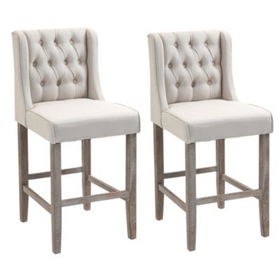 HOMCOM 26.25" Counter Height Bar Stools Set of 2, Tufted Wingback Armless Upholstered Dining Chair with Rubber Wood Legs, Ivory