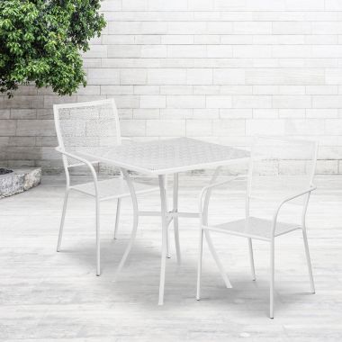 Emma + Oliver Commercial Grade 28" Square White Patio Table Set-2 Square Back Chairs. View a larger version of this product image.