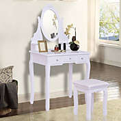 Slickblue Wooden Vanity Set with 360Â° Rotating Oval Mirror and Cushioned Stool-White