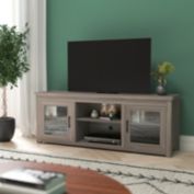 Emma + Oliver Liam TV Stand for up to 80" TV's in Gray Wash Oak Finish - 65" Media Console with Classic Full Glass Doors & 3 Adjustable Shelves