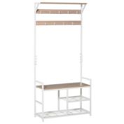 Halifax North America Hallway Tree Bench Organizer with 9 Coat Hooks, Large Sitting Bench and 3 Open Shelves for Entryway, Natural/White