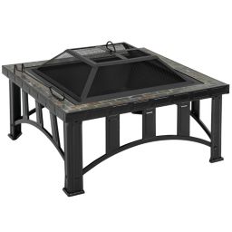 Outsunny 30 Inch Outdoor Fire Pit, Square Steel Firepit Stove with Screen and Log Poker for Backyard, Patio, Camping, BBQ, Black