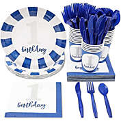 Juvale 144 Piece Baby Boys 1st Birthday Theme Party Supplies, Blue Dinnerware Set with Plates, Napkins, Cups, and Cutlery (Serves 24)