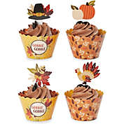 Blue Panda Thanksgiving Cupcake Toppers and Wrappers, Fall Cake Topper Set (102 Pieces)