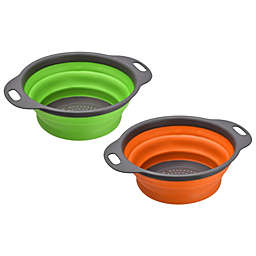 Unique Bargains Collapsible Colander Set, 2 Pieces Silicone Round Foldable Strainer with Handle Kitchen Space Saving Suitable for Pasta, Vegetable, Fruit - Orange Green 9in