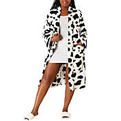 Agnes Orinda Women&#39;s Plus Size Sleepwear Robe Cow Print Self Tie Long Sleeve Soft Loose fit Waist Mid-Length Nightgown 2X White