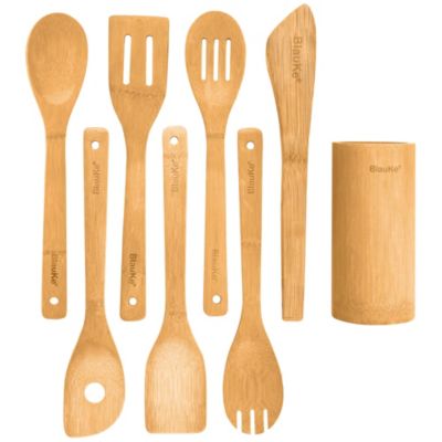 BlauKe Bamboo Kitchen Utensils Set 8-Pack - Wooden Cooking Utensils for Nonstick Cookware - Wooden Cooking Spoons, Spatulas, Turner, Tongs, Utensil Holder
