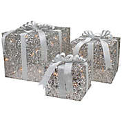 Northlight Set of 3 LED Lighted Silver Glitter Threaded Gift Boxes Outdoor Christmas Decoration