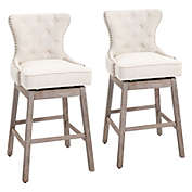 HOMCOM Upholstered Fabric Bar Height Bar Stools Set of 2, 180° Swivel Nailhead-Trim Pub Chairs, 30" Seat Height with Rubber Wood Legs, Cream