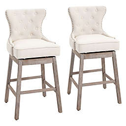 HOMCOM Upholstered Fabric Bar Height Bar Stools Set of 2, 180? Swivel Nailhead-Trim Pub Chairs, 30