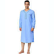 Lars Amadeus Men&#39;s Nightshirt Cotton Sleep Shirt Long Sleeves Henley Nightgown Sleepwear, Classic Cotton Pajama Sleep Shirt for Tall Henley, Medium Blue