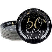 Blue Panda Paper Plates with Gold Stars Design for 50th Birthday Party (Black, 9 In, 80 Count)