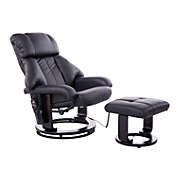 HOMCOM Recliner with Ottoman Footrest, Recliner Chair with Vibration Massage, Faux Leather and Swivel Wood Base for Living Room and Bedroom, Black