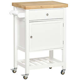 HOMCOM Utility Kitchen Cart, Rolling Kitchen Island with Smooth Rubberwood Top, Narrow Butcher Block Surface on Wheels with Storage Drawer & Cabinet, White