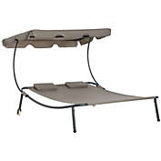 Outsunny Patio Double Chaise Lounge Outdoor with Adjustable Canopy and Pillow, Wheeled Hammock Bed for Sun Room, Garden, Poolside, Brown