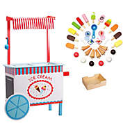 Svan Scandinavian Ice Cream Cart Kids Playstand- Premium Wood 33+ Piece Realistic Wooden Play Set w Money Box, Chalkboard and 30+ Icecream Accessories