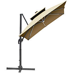 Outsunny 10ft Solar LED Cantilever Umbrella, Offset Hanging Umbrella with 360?Rotation, Cross Base, 8 Ribs, Tilt and Crank for Yard, Garden and Poolside, Khaki