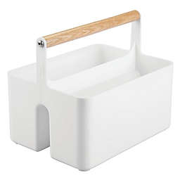 mDesign Plastic Tote, Divided Basket Bin with Wood Handle