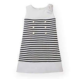 Hope & Henry Girls' A-Line Ponte Dress With Button Placket (Navy and White Striped, 6-12 Months)