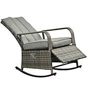 Outsunny Outdoor Rattan Wicker Rocking Chair Patio Recliner with Soft Cushion, Adjustable Footrest, Max. 135 Degree Backrest, Grey