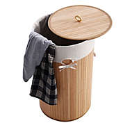 Inq Boutique Barrel Type Bamboo Folding Basket Body with Cover Wood Color Laundry Baskets for Bedroom, Laundry