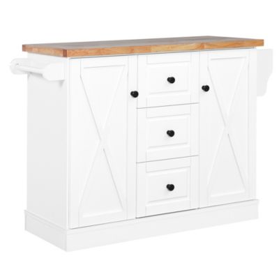 HOMCOM Farmhouse Mobile Kitchen Island Utility Cart on Wheels with Barn Door Style Cabinets, Drawers - White