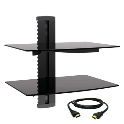 MegaMounts Tempered Glass Double Shelf Wall Mount with HDMI Cable