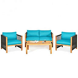 Costway 4 Pcs Acacia Wood Outdoor Patio Furniture Set with Cushions-Turquoise