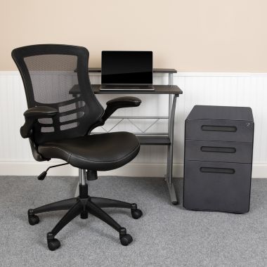 Flash Furniture Calder Work From Home Kit - Black Computer Desk, Ergonomic Mesh/LeatherSoft Office Chair and Locking Mobile Filing Cabinet. View a larger version of this product image.