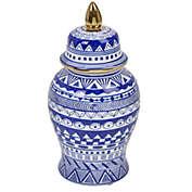 Saltoro Sherpi 14.5 Inch Urn Shaped Ceramic Jar with Lid and Gold Accent, Blue-