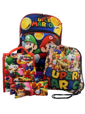 Super Mario Boys Girls 5 piece Backpack Lunch Bag and Snack Bag School Set